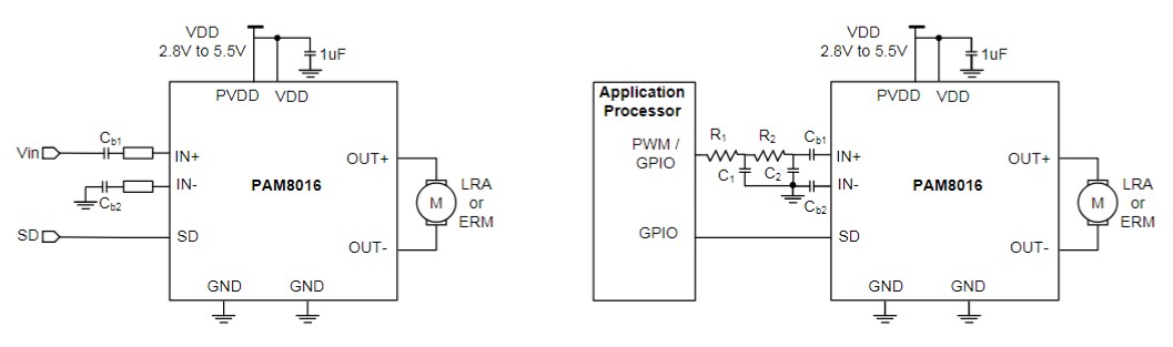 Application Circuit Diagram - Diodes Incorporated PAM8016 Haptic Driver